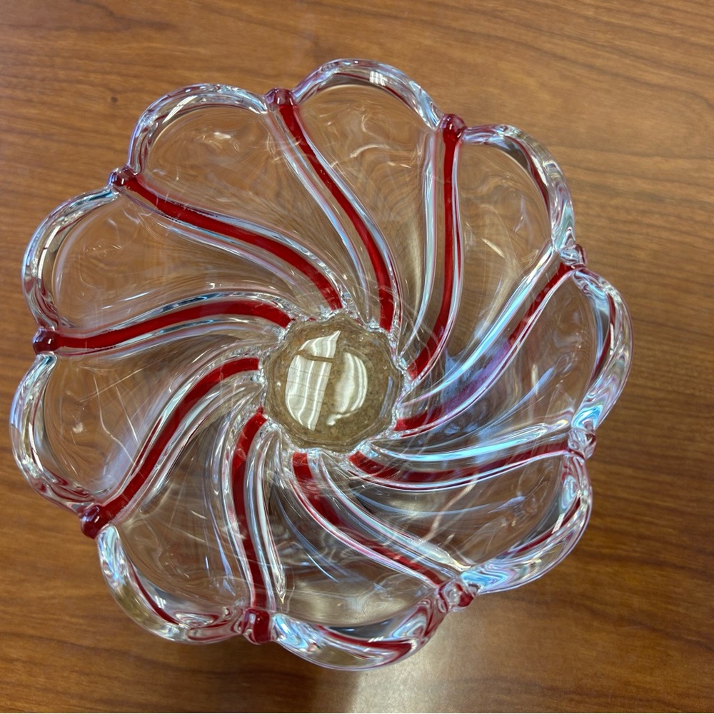 Mikasa Peppermint Swirl Vintage Red Crystal Candy Dish. 5.75” x 3”.